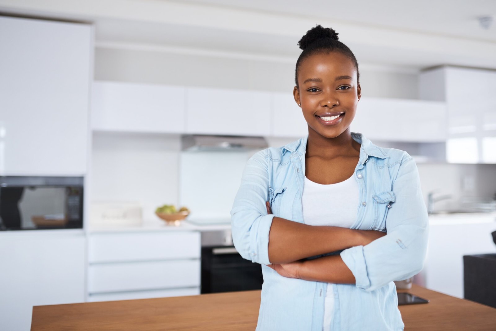 Smile,,Confidence,And,Portrait,Of,Black,Woman,In,Kitchen,With